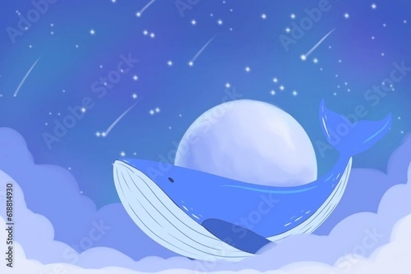 Obraz Blue whale, Night sky with starlight, The moon and fluffy clouds 
