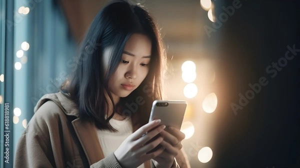 Fototapeta Front view portrait of a sad, depressed, crying Asian woman checking, looking at phone standing at the street in winter, Christmas, received negative news, dark background, AI Generated