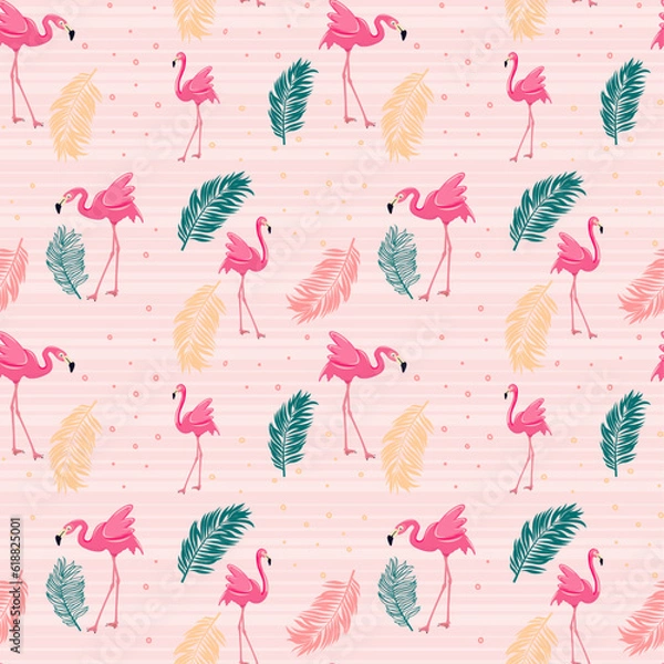 Fototapeta Seamless Pattern with pink cartoon flamingo and palm leaves, vector design