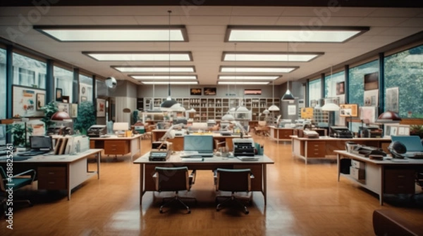 Fototapeta Interior of a 1950s American Office Space with Analog Technology, Wooden Desk, and File Cabinet - Celebrating Bygone Eras. Generative AI.