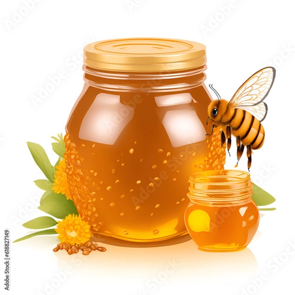 Fototapeta Realistic isolated on white background honey jar and stick with liquid honey flowing. Jar of organic honey.