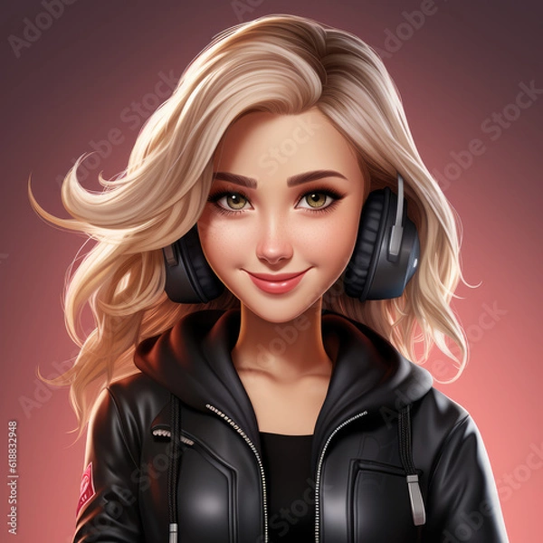 Obraz Happy girl listing to music whit her headphones - AI generative