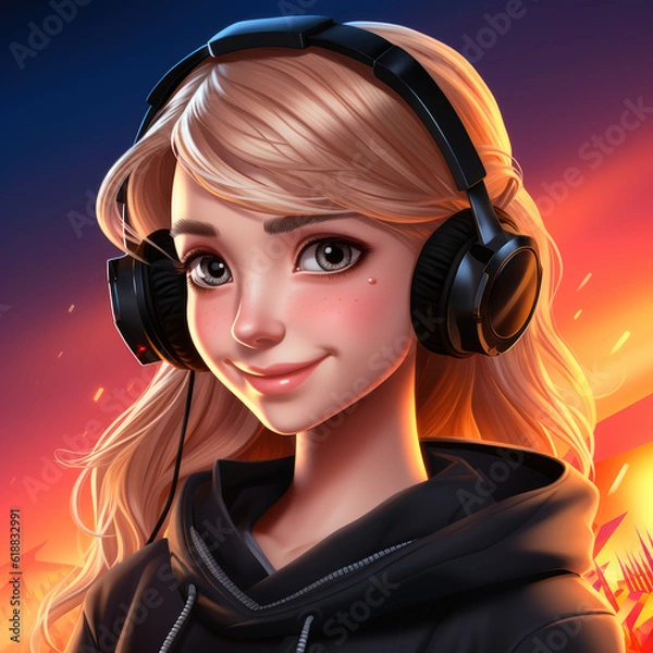 Fototapeta Happy girl listing to music whit her headphones - AI generative