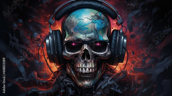 Fototapeta Human skull with glowing red eyes, donning pair of headphones, embodying persona of gamer that bridges the realms of life and death.