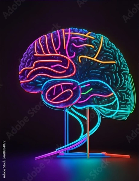 Fototapeta Photo of a neon-lit brain on a dark background