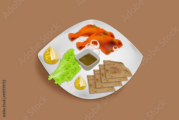 Fototapeta Garlic nan with fried chicken on serving plate vector illustration.