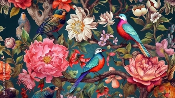 Fototapeta Exotic oriental pattern with birds and flowers in brig.Generative AI
