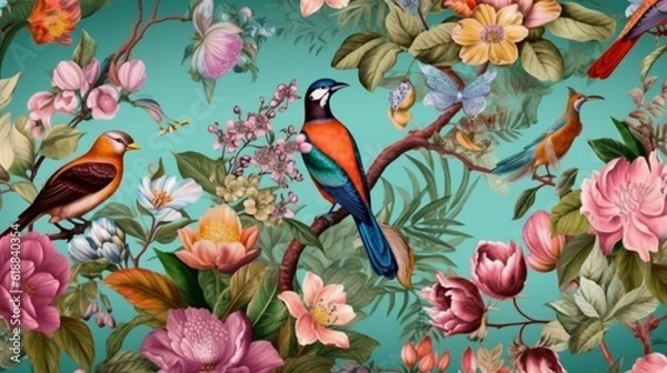 Fototapeta Exotic oriental pattern with birds and flowers in brig.Generative AI