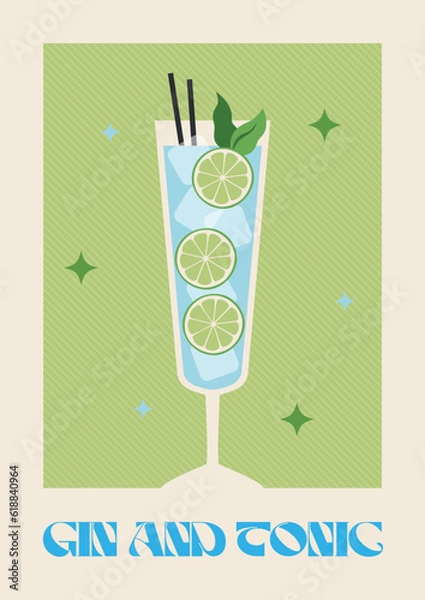 Fototapeta Poster drink. Cocktail art. Gin and Tonic. Retro posters with alcohol cocktails. 90s 80s 70s groovy posters. Modern trendy print. Drink with fruit and ice.