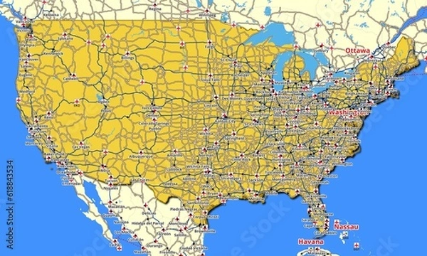 Fototapeta Map of United States of America with main roads and highways