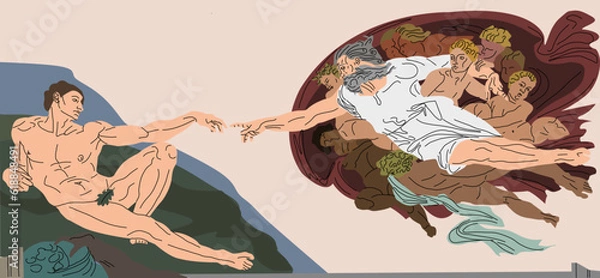 Fototapeta The Creation of Adam. Vector illustration. Painting masterpieces. Touch God. The birth of a person. Fresco by Michelangelo. Man and God. The picture is drawn in vector.