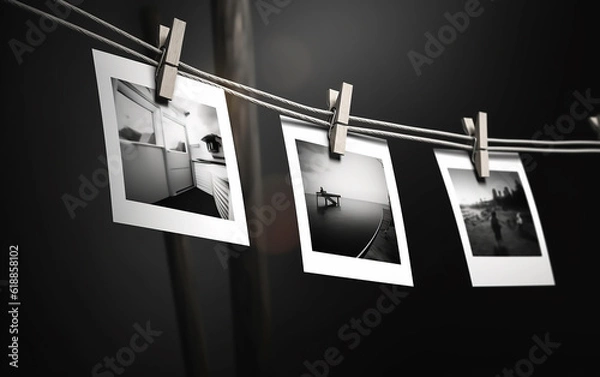 Obraz White photo frames hanging on rope. Generative AI technology.