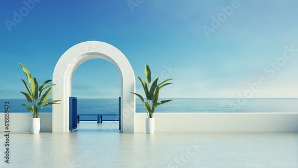Obraz Luxury villa resort gate door to sea view - Santorini island stlye - 3D rendering 