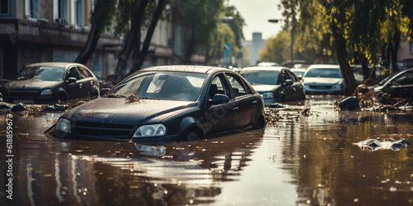 Fototapeta Flooded cars on a city street. street after heavy rain. Severe weather concept.ai generative