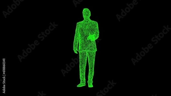 Fototapeta 3D figure of a businessman with an outstretched hand on black background. The man shakes hands. Business concept. For title, text, presentation. 3d animation.