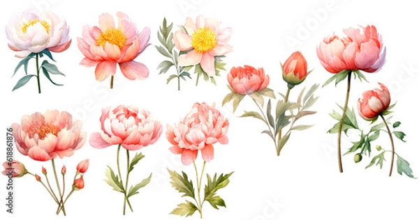 Fototapeta Bundle of Watercolor Illustrations Set of Paeonia Lactiflora Flowers with Expressions of Leaves and Branches