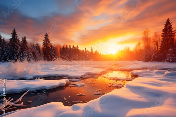 Obraz A peaceful winter scene with a frozen river surrounded by snow-covered trees. A perfect silent moment to take in the beauty of nature.