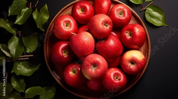 Fototapeta Fresh red apples on a plate on table. For banner,poster, site, web. Photo Ai generated.