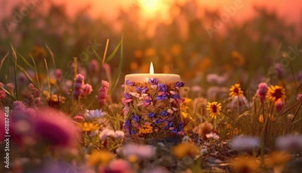 Obraz Candle burns in a midsummer sunset ritual. Generative AI illustrations