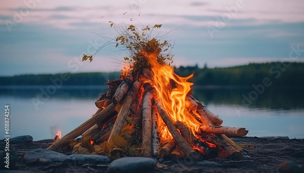 Obraz Midsummer solstice bonfire by a lake in the afternoon. Generative AI illustrations