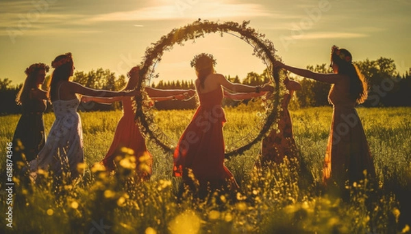 Fototapeta Spiritual solstice ritual celebrated at dawn in the midsummer. Generative AI illustrations
