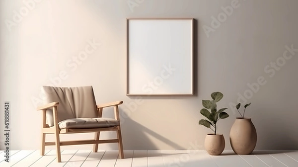 Fototapeta minimalist home decoration with blank white frame mockup on wall