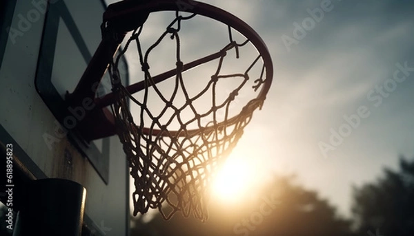 Obraz Sunlit basketball hoop, netting swishes, competitive success generated by AI