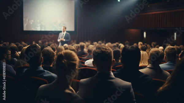 Fototapeta Engaged Audience in a Conference Hall: Captivating Lecture by Male Speaker on Business and Entrepreneurship.
Generative AI