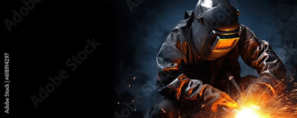 Fototapeta Metal welder working with arc welding machine to weld steel at factory. generative ai