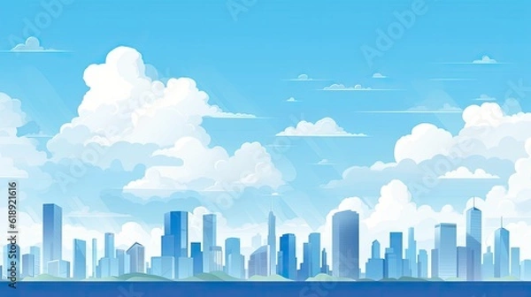 Fototapeta Flat cityscape with blue sky white clouds and sun city in the sky