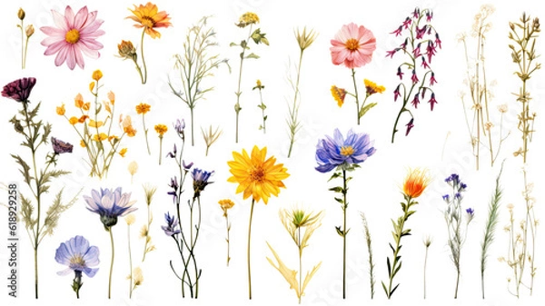 Fototapeta a collection of grunge oil painted wildflowers flowers isolated on a transparent background, generative ai