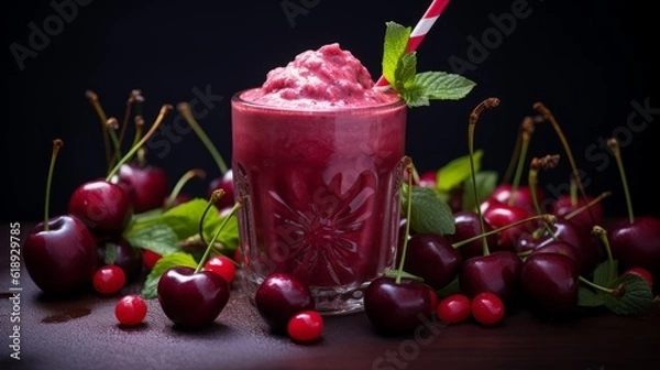 Fototapeta Sweet cherry smoothie drink in glass with mint leaves and fresh cherries. Food photography. Horizontal format, for bar menu. AI generated.
