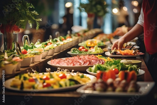 Fototapeta A buffet line filled with a delicious variety of food at a catering event