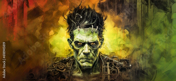 Obraz Artwork featuring the classic monster Frankenstein. His ugly face is green and stitched together. 