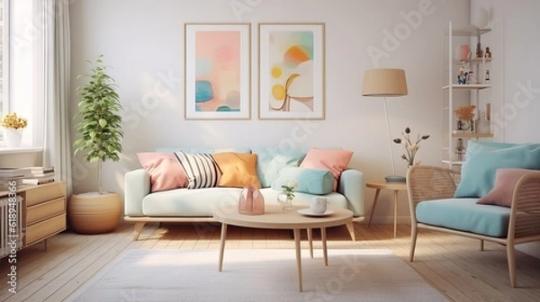 Obraz a living room filled with furniture and a painting on the wall