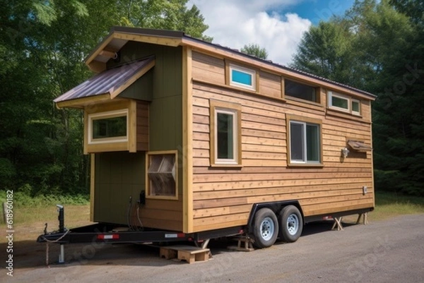 Fototapeta tiny house built on trailer, ready to go anywhere, created with generative ai