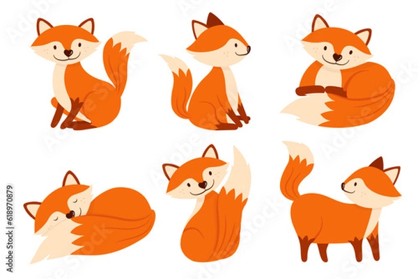 Fototapeta Set of cute cartoon fox in different actions. Vector in flat style.