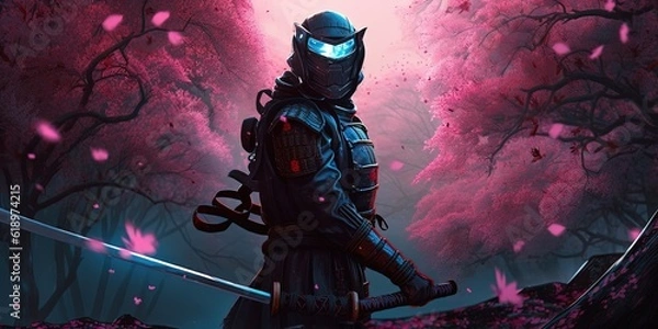 Fototapeta Samurai in beautiful sakura background, modern samurai standing in Sakura tree garden with swords, digital art style, illustration painting. ai generative