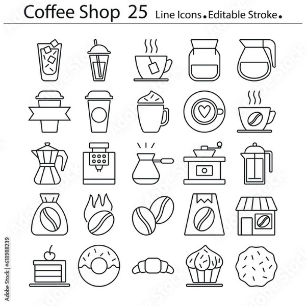 Fototapeta Coffee shop line icons editable stroke set objects
