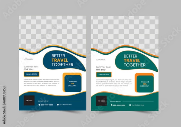 Obraz A travel  flyer is a promotional material that advertises a destination, sightseeing attraction, or tour activity.