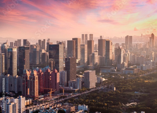 Fototapeta Aerial view of Skyline in Shenzhen city sunset in China