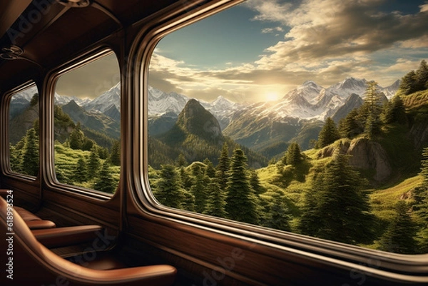 Fototapeta An image of a  luxurious train ride with beautiful landscape outside the window - Generative AI