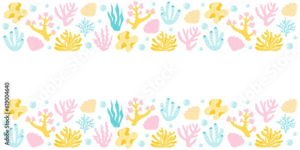 Fototapeta Banner with coral reefs, algae and seaweed