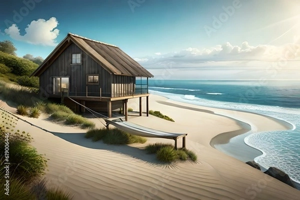 Fototapeta "Illustrate a cozy beach house nestled amidst palm trees, highlighting the dance of shadows and sunlight on its weathered facade."