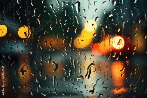 Obraz City ​​night rainy window background, AI generated