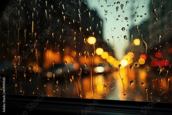 Obraz City ​​night rainy window background, AI generated