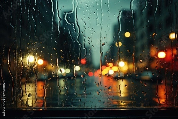 Obraz City ​​night rainy window background, AI generated