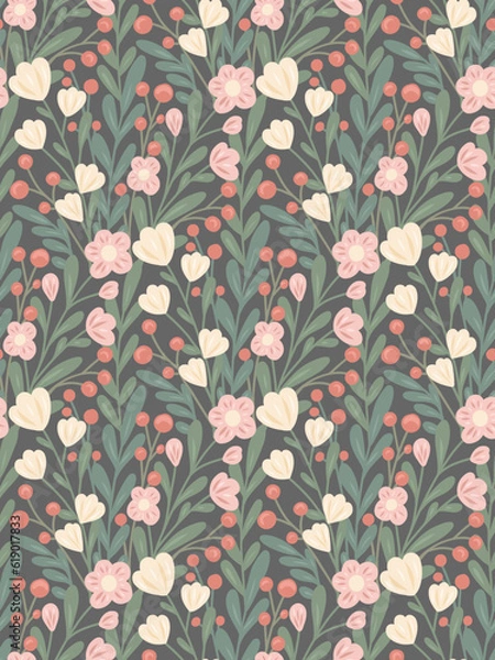 Obraz Dark vector rural ditsy pattern. Seamless shabby chic texture. Background with branches, foliage, flowers and berries on gray background.