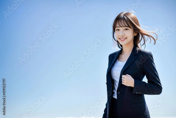 Fototapeta 空をバックにさわやかに微笑む20代の女性 ジェネレーティブ