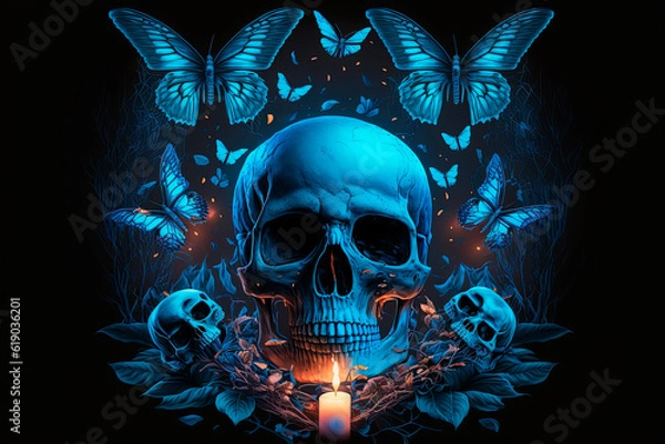 Fototapeta A skull surrounded by butterflies on a black background. Generative AI